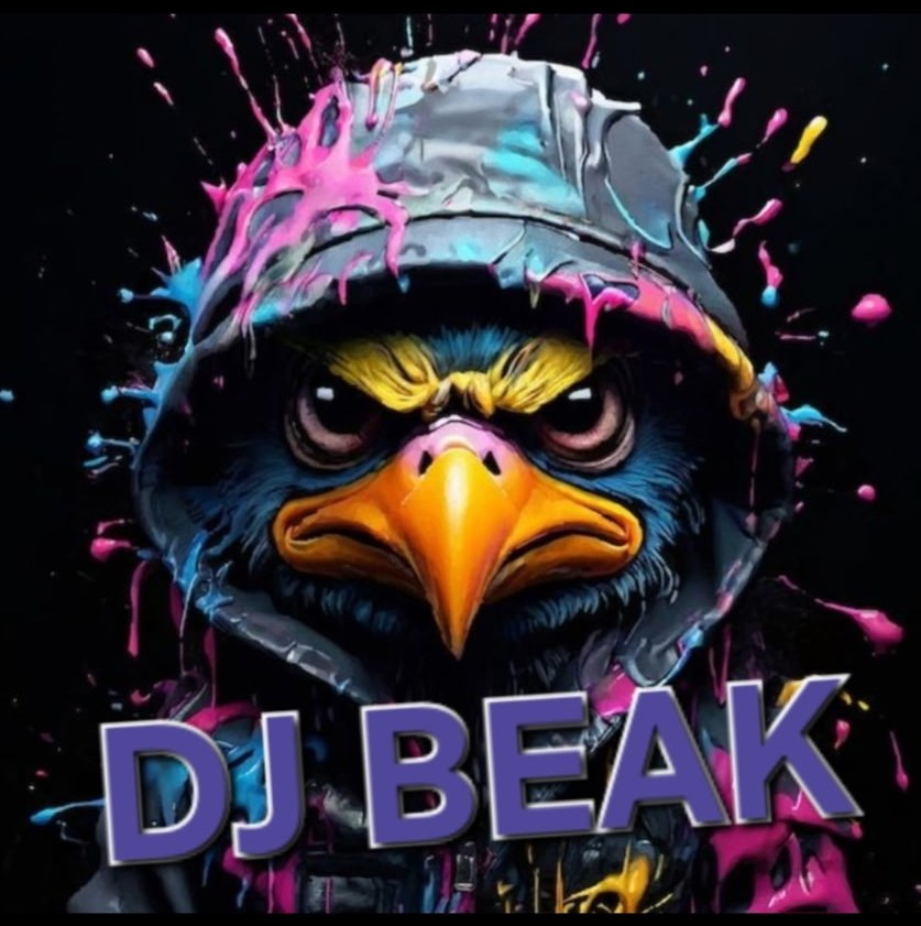 Paint-splatter DJ Beak eagle logo.